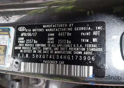 2017 Kia Optima Lx из США, поврежденный, VIN 5XXGT4L34HG173906